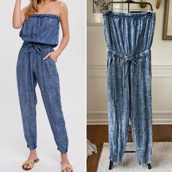 NWOT Bluivy Blue Comfy Acid Washed Tube Denim Chambray Jumpsuit L - Picture 1 of 7